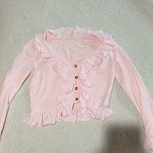 Baby Pink Brown Button Up Ruffle Shirt!